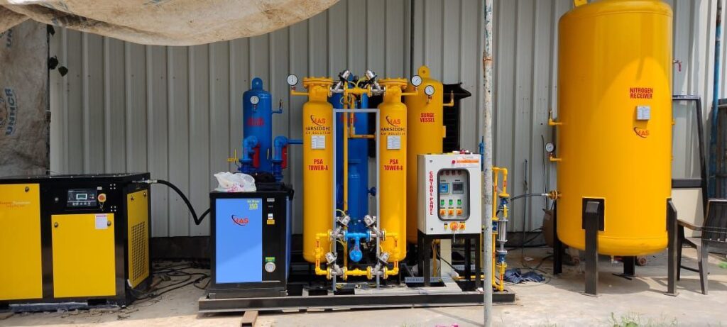 PSA Nitrogen Plant by Harsiddhi Air Solution, food packaging, the chemical sector, research and lab environments, and laser cutting.