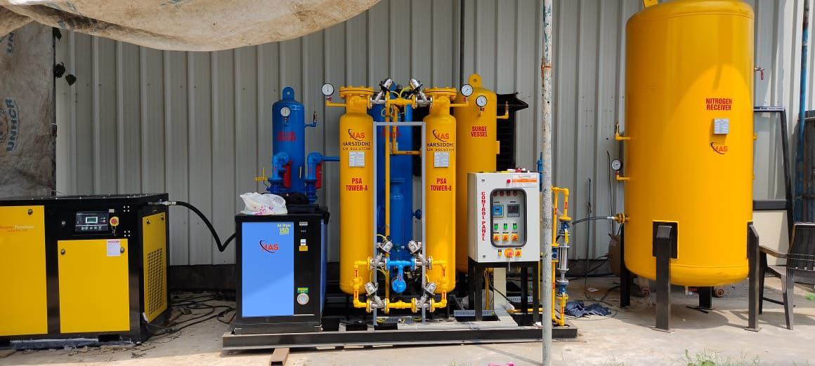 PSA Nitrogen Plant by Harsiddhi Air Solution, food packaging, the chemical sector, research and lab environments, and laser cutting.